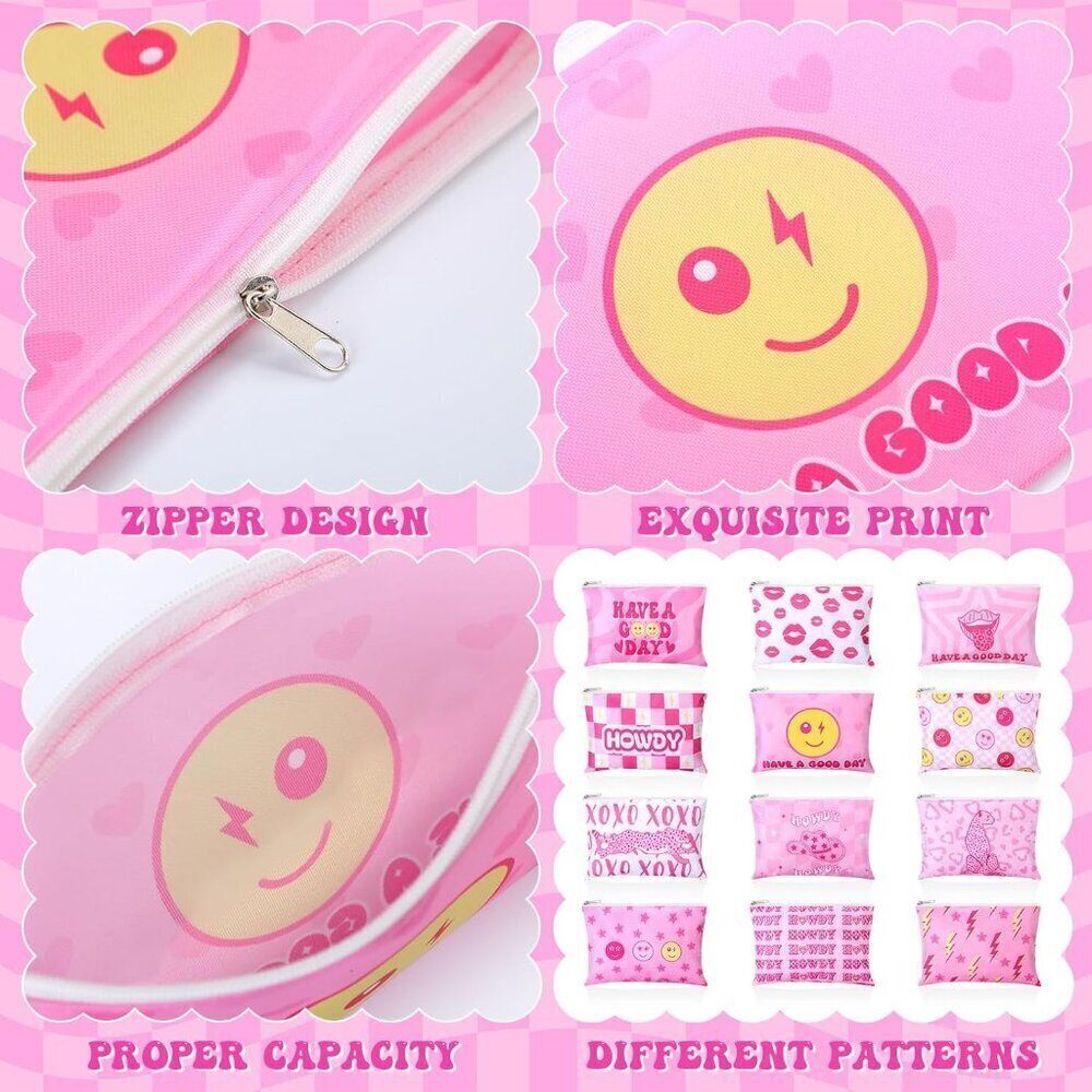 24 Pcs Preppy Cosmetic Bags Pink Makeup Pouches Bulk Cute Cosmetic Pouch with Zi - Picture 3 of 7